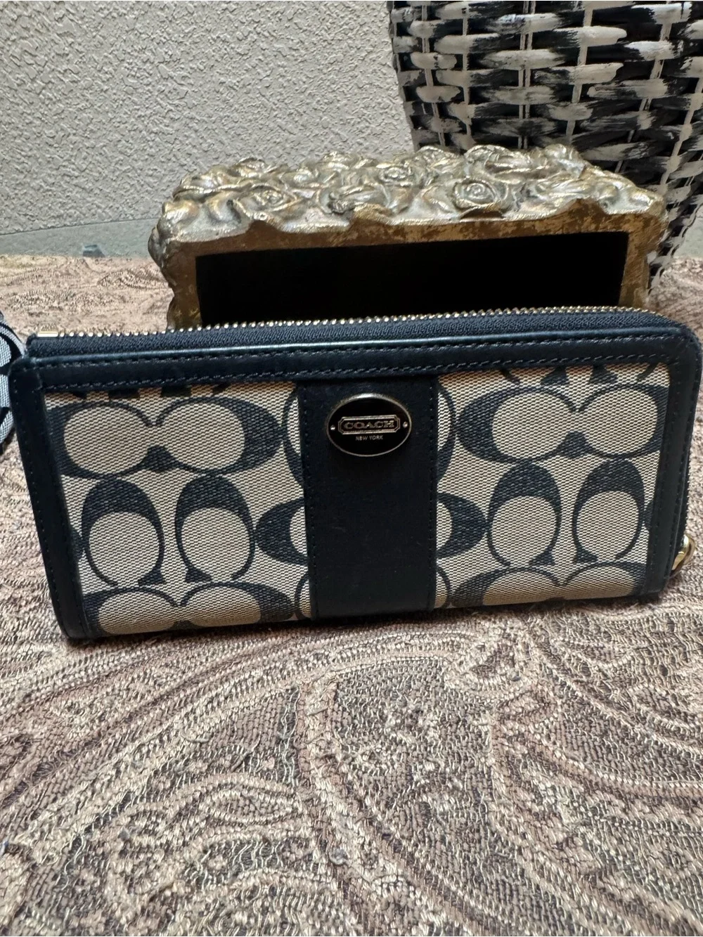 Coach Signature Canvas Zip Phone Wallet in Khaki and Black